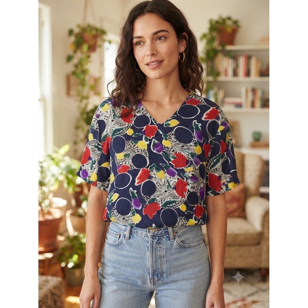 Colorful Abstract Floral Pattern Blouse Relaxed Fit Casual Summer Top Women's 12
